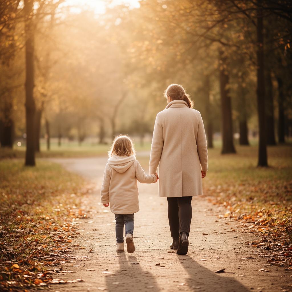 Ouder en kind wandelen samen door een park in herfstlicht